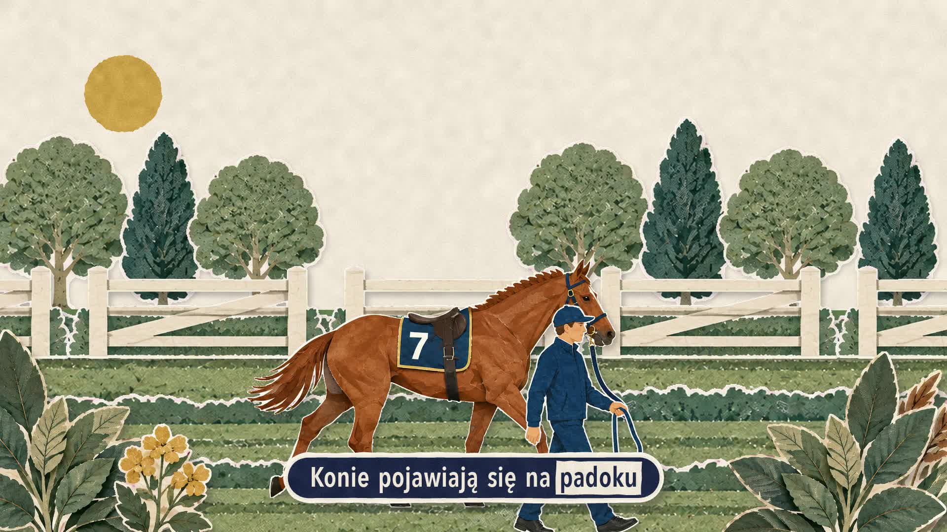 Kasztanowaty koń z numerem 7 prowadzony na padoku, kadr z animacji Equitix